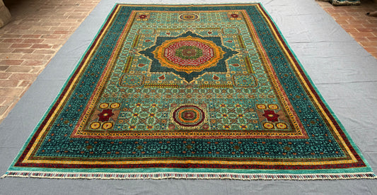 Luxury Handmade Turquoise and Red,Green Mamluk Wool Rug,Artisan Made One Of kind Luxury 8x11 living room rug,Large Luxury living room rug