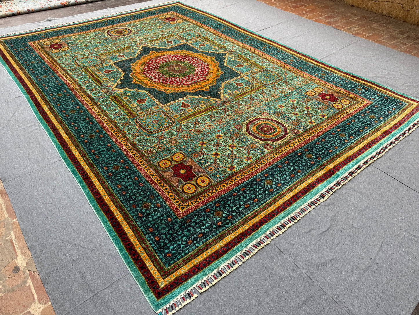 Luxury Handmade Turquoise and Red,Green Mamluk Wool Rug,Artisan Made One Of kind Luxury 8x11 living room rug,Large Luxury living room rug