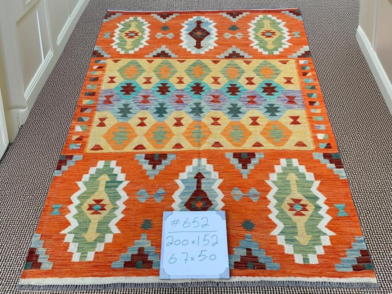 5x6.7 Handwoven Orange Kilim Rug | Orange Geometric Design,Authentic Kilim Area Rug | Bohemian Geometric Art,Handmade Vintage Kilim.