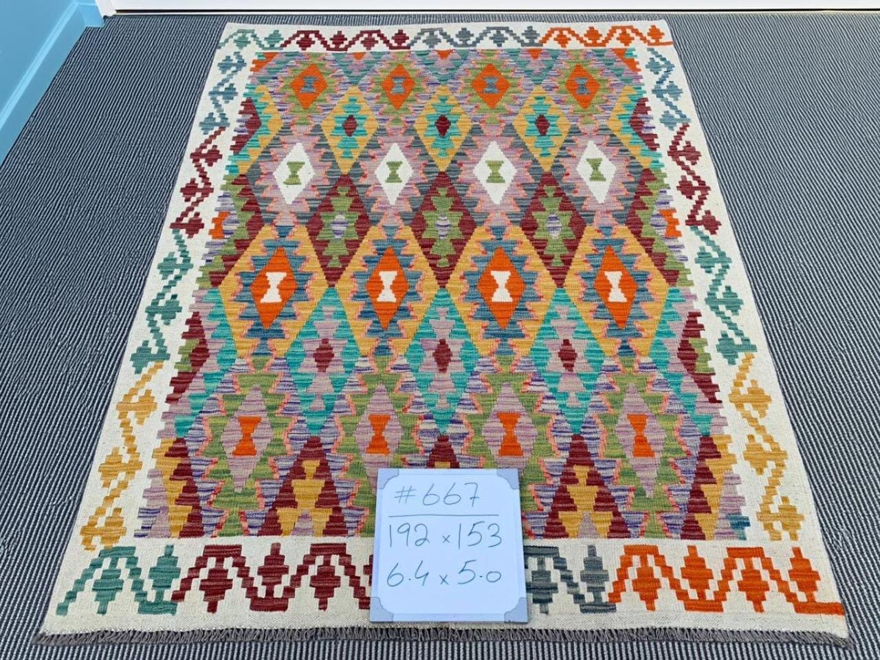 Boho Chic Area Kilim Rug,Turkish Kilim Flatweave.5x6.4 ft Handmade Wool Kilim.Turkish Colorful kilim,Bohemian SouthwesternKilim Rug.