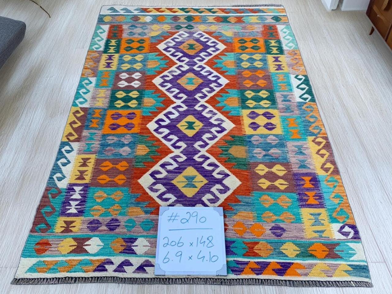 4x7 Blue Bohemian Handwoven Kilim Rug,Vibrant Turkish Area Carpet with Geometric Design Vintage Turkish Kilim Rug,Kilim Rug For Living Room.