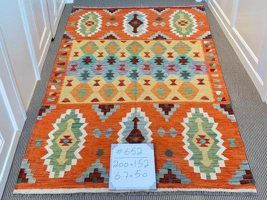 5x6.7 Handwoven Orange Kilim Rug | Orange Geometric Design,Authentic Kilim Area Rug | Bohemian Geometric Art,Handmade Vintage Kilim.