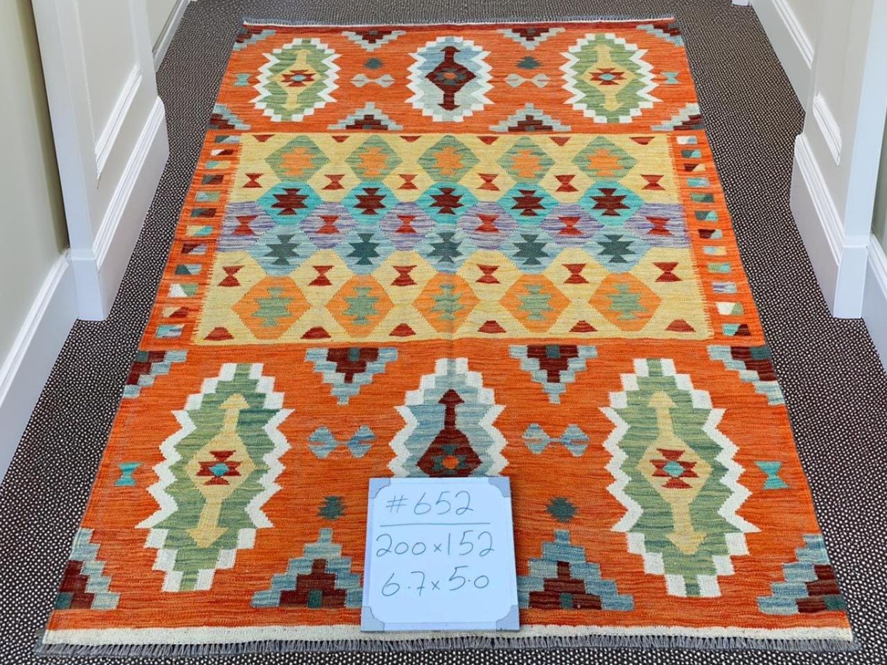 5x6.7 Handwoven Orange Kilim Rug | Orange Geometric Design,Authentic Kilim Area Rug | Bohemian Geometric Art,Handmade Vintage Kilim.