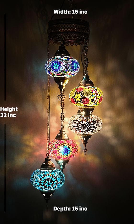 Turkish Pendant Lamp, Turkish Ceiling Lighting, Turkish Pendant Lamp, 5 Globe Mosaic Hanging Lamp,  Chandeliers, Vintagelights, Vintage.