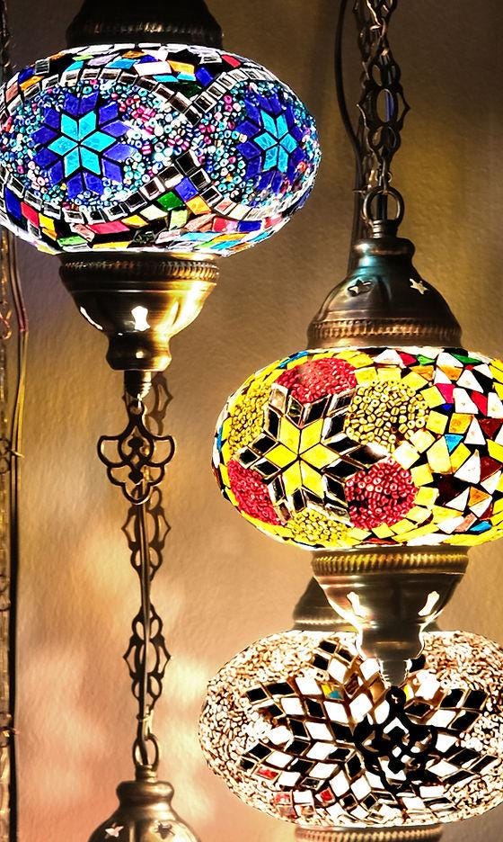 Turkish Pendant Lamp, Turkish Ceiling Lighting, Turkish Pendant Lamp, 5 Globe Mosaic Hanging Lamp,  Chandeliers, Vintagelights, Vintage.