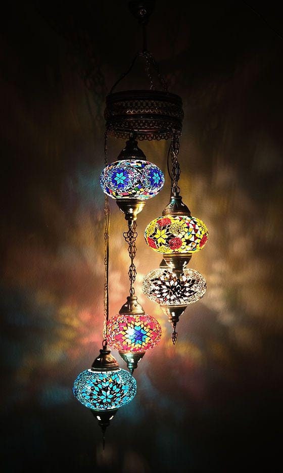 Turkish Pendant Lamp, Turkish Ceiling Lighting, Turkish Pendant Lamp, 5 Globe Mosaic Hanging Lamp,  Chandeliers, Vintagelights, Vintage.