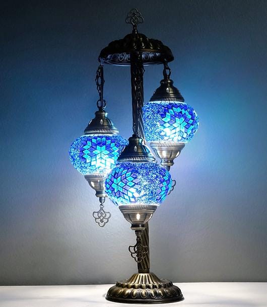 Handcrafted Turkish Mosaic Table Lamp with 3 Blue Glass Globes,Bohemian Table Lights,Moroccan Lighting for Living Room Lights.