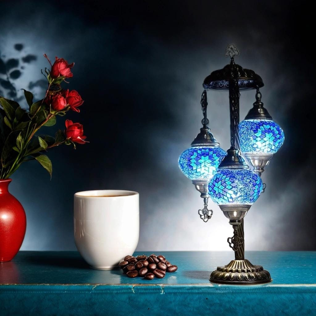 Handcrafted Turkish Mosaic Table Lamp with 3 Blue Glass Globes,Bohemian Table Lights,Moroccan Lighting for Living Room Lights.