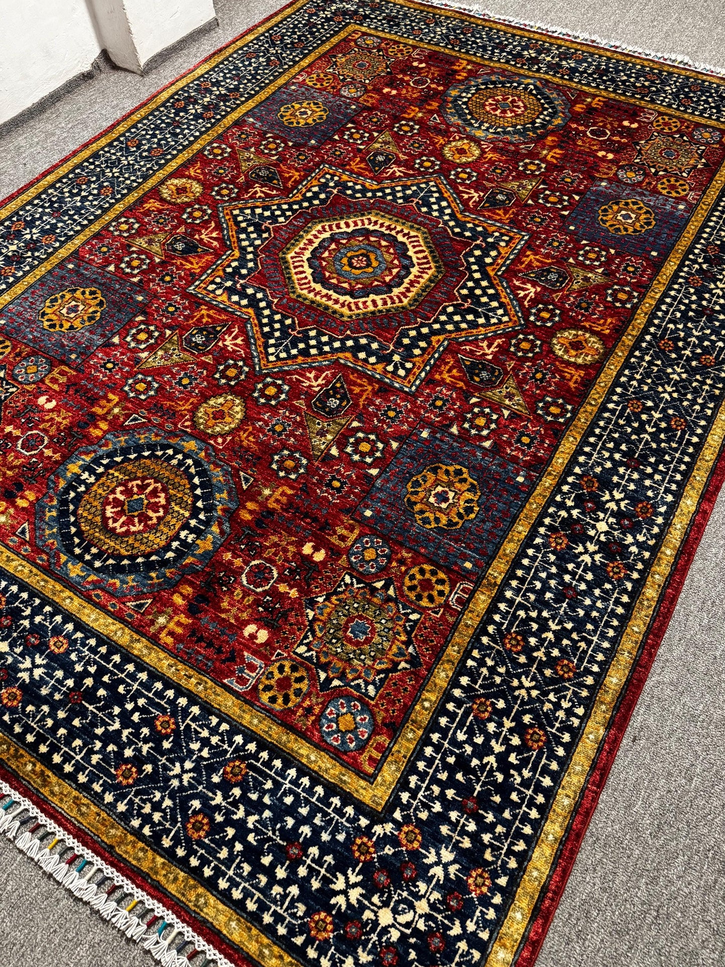 Hand-knotted Persian-Style Wool Rug,Vintage Geometric Oriental Carpet,Authentic Handmade Oriental Rug,Bohemian Turkish Area Rug.Red Area Rug