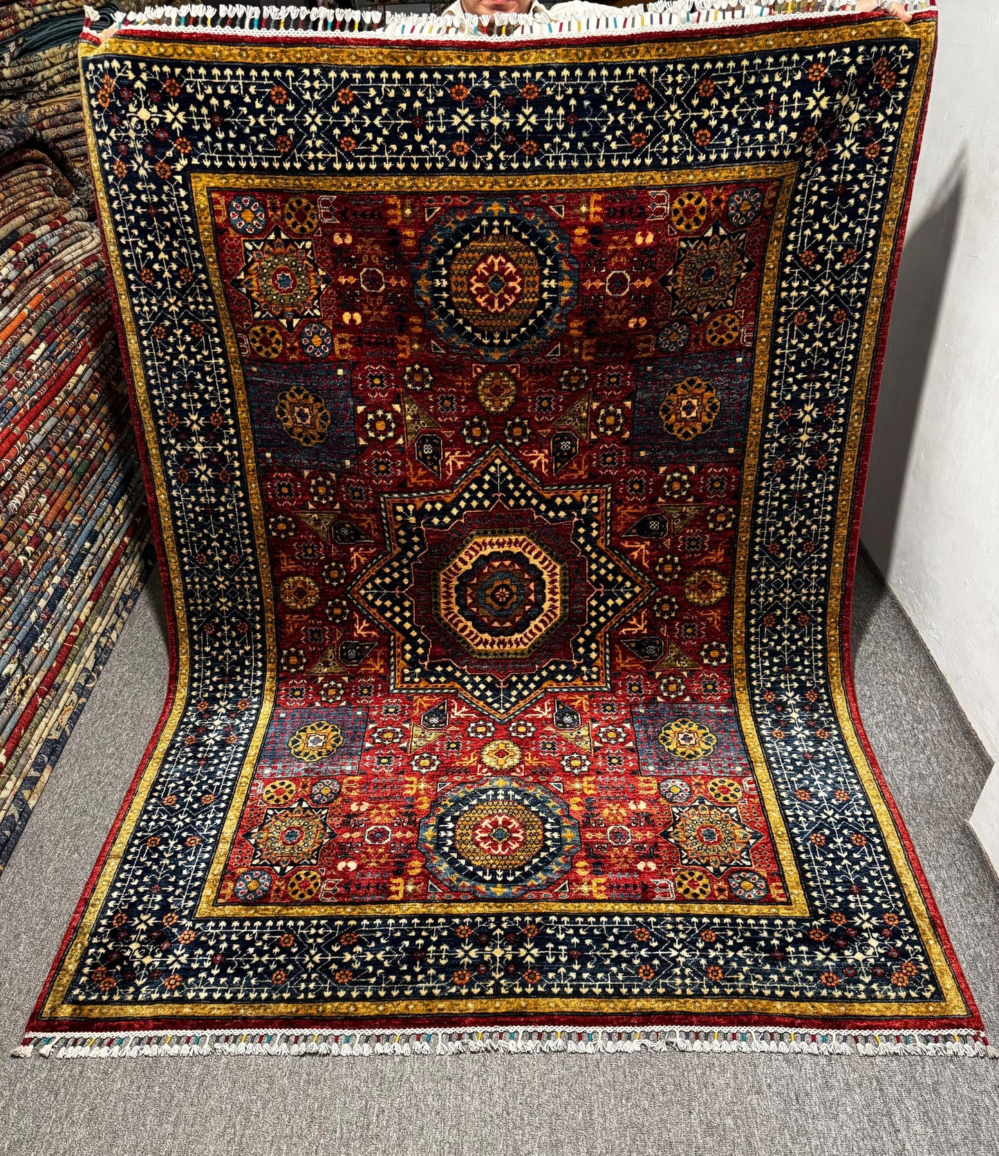 Hand-knotted Persian-Style Wool Rug,Vintage Geometric Oriental Carpet,Authentic Handmade Oriental Rug,Bohemian Turkish Area Rug.Red Area Rug