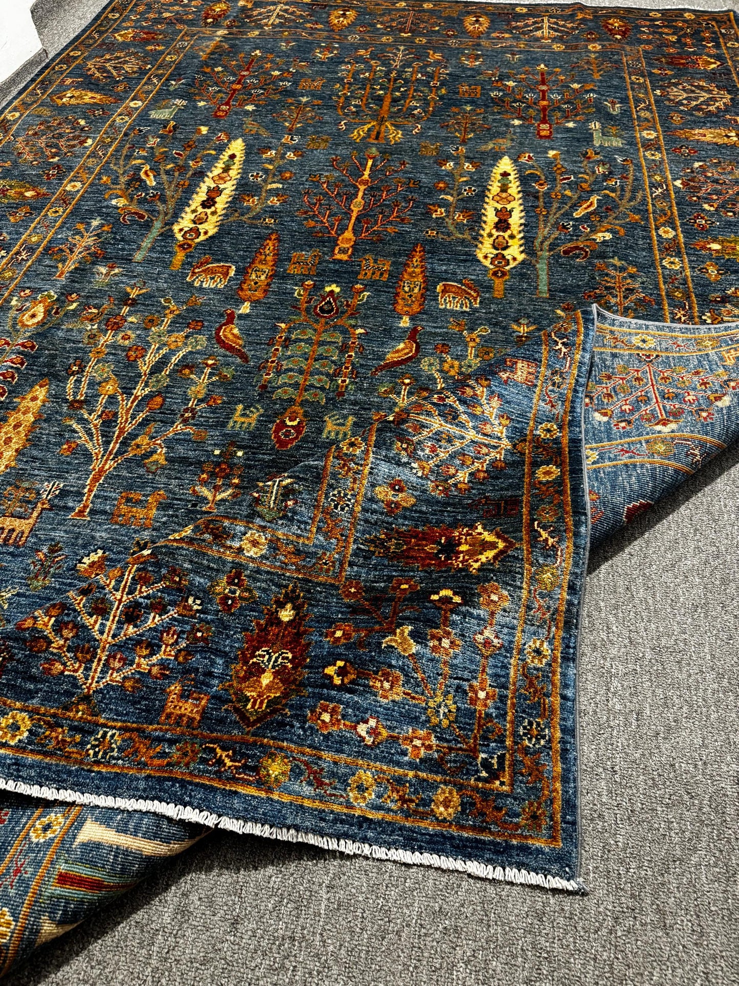 Handmade Turkish Rug - Vintage Wool Carpet with Tree of Life Design,Traditional Persian Style Blue Wool Carpet,Artisan Crafted Oriental Rug.