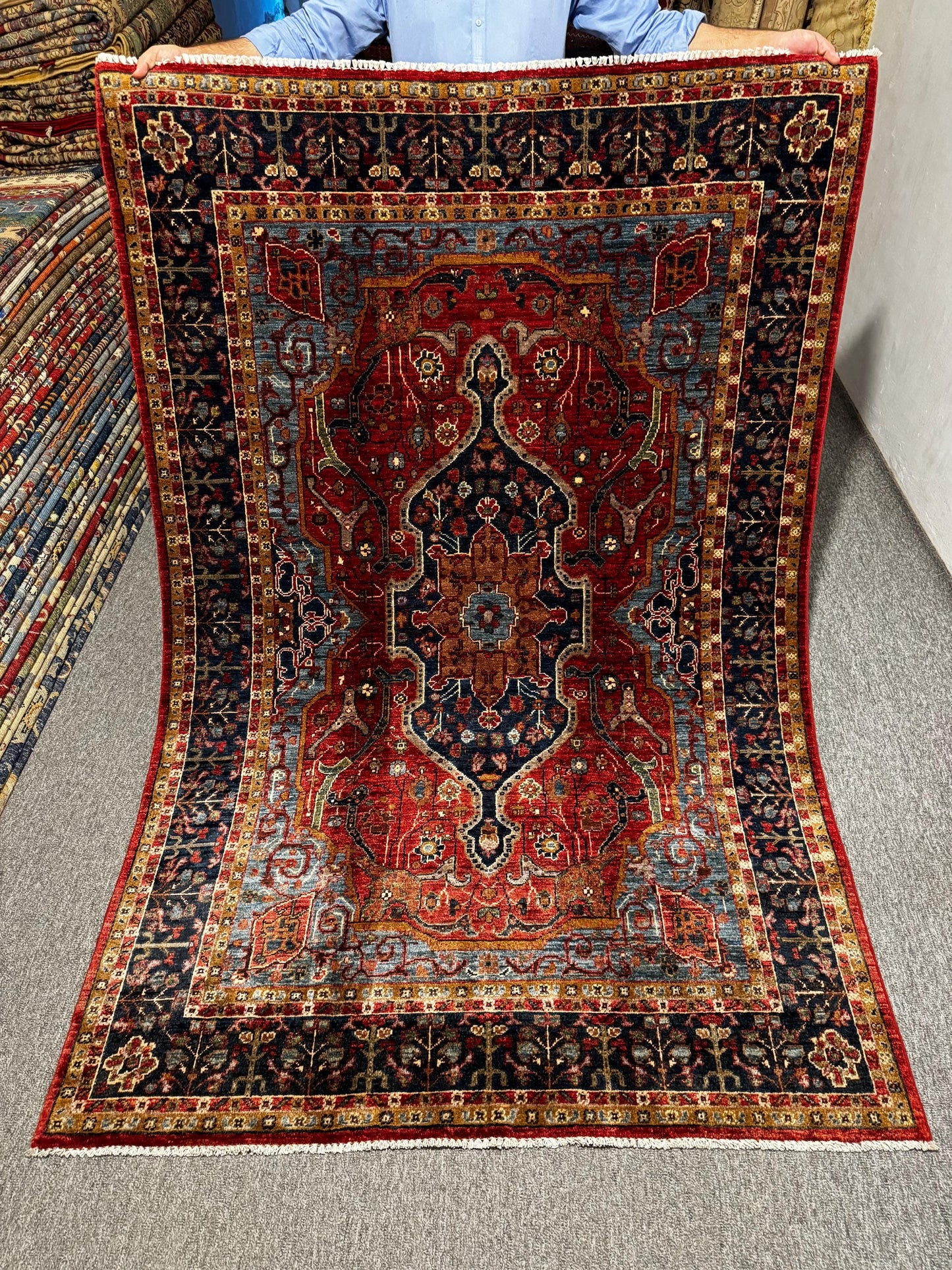 Handmade Persian Rug-Red and Blue Wool Carpet with Medallion Design,Large Handmade Area Rug,Traditional Oriental Wool Carpet,Oriental Rug.