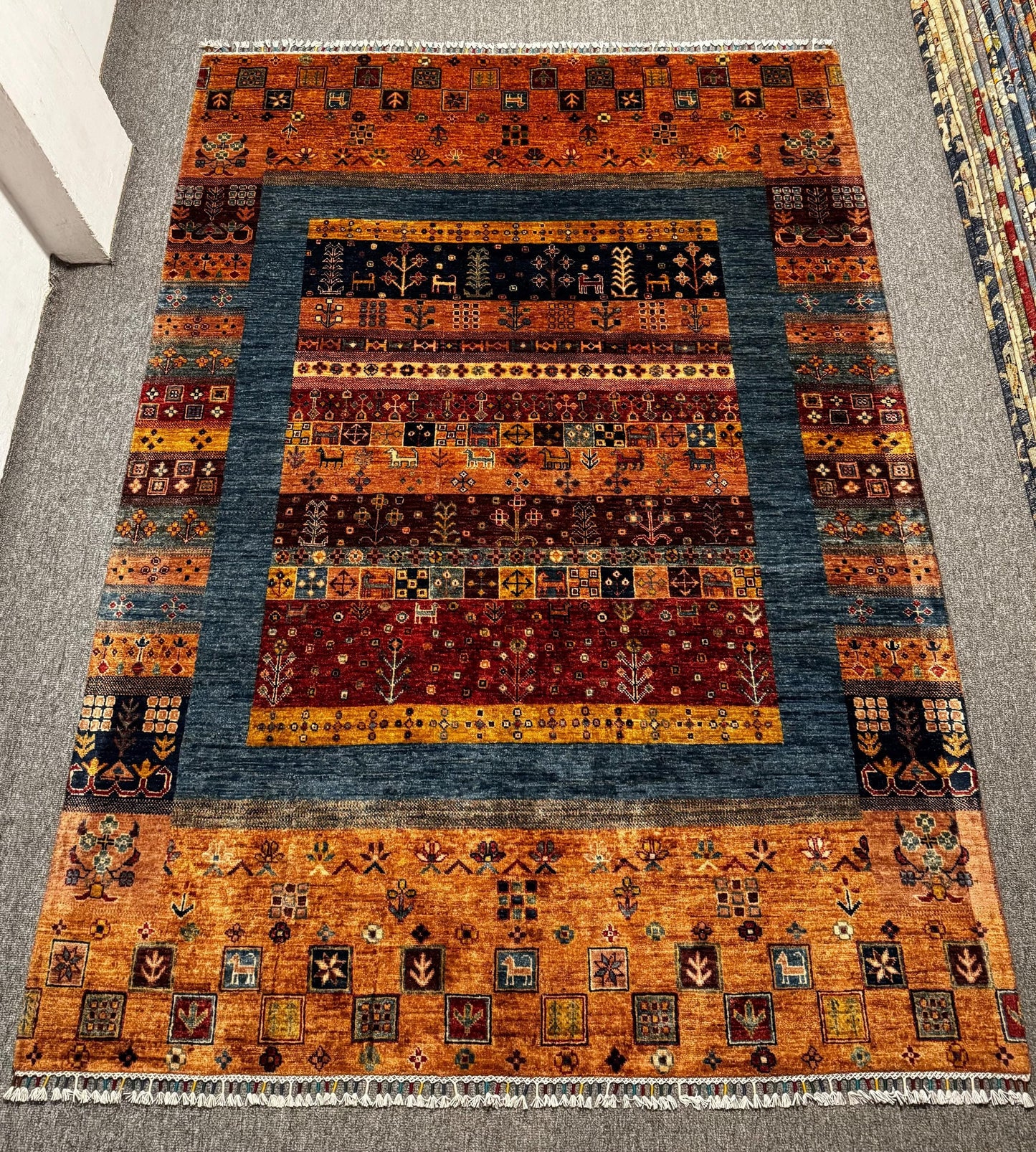 Handmade Persian-Style Gabbeh Rug-Colorful Wool Area Carpet for Living Room,Bohemian Gabbeh Wool Rug-Vibrant Orange & Blue Handmade Carpet