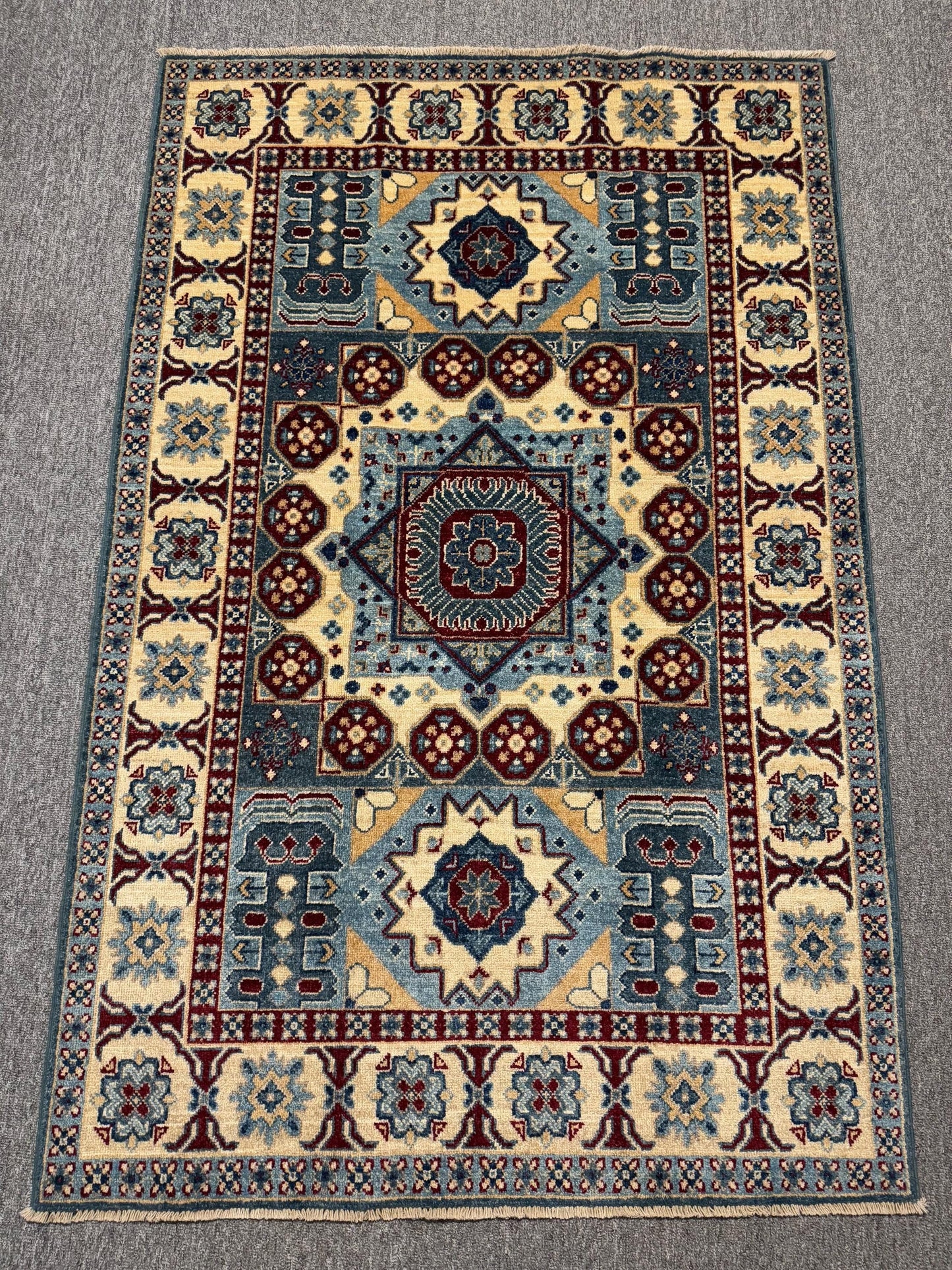 4x6 Blue Afghan Chobi Rug,Geometric Handmade Turkish-Kazakh Area Rug,Turkman Tribal Wool Rug,Vintage Oriental Rug,Hand-Knotted Oriental Rug