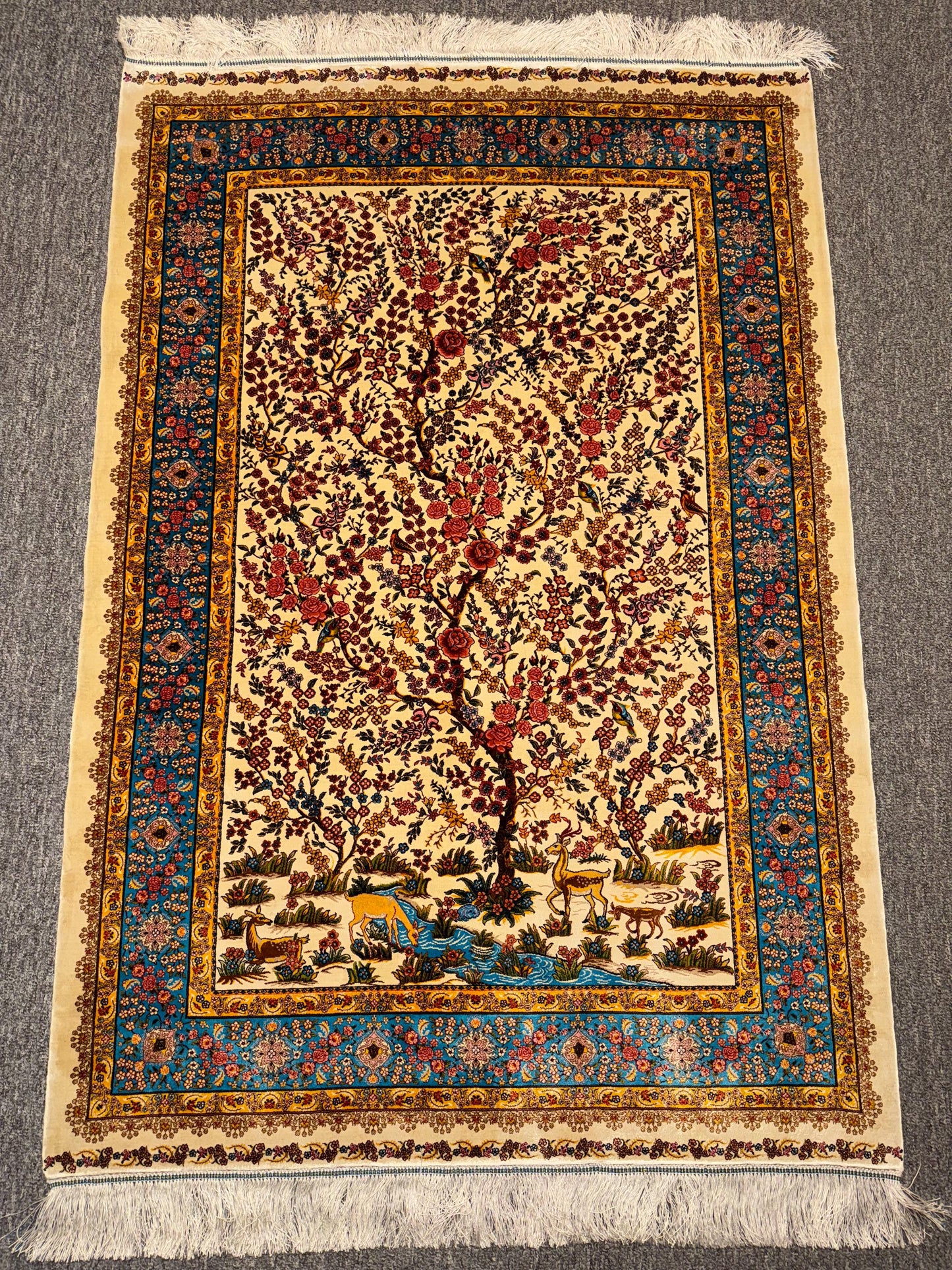 3x4 Silk Rug with Tree of Life Design,Luxurious Silk Area Rug,Ornate Silk Rug–Tree of Life Motif with Deer and Floral Details,Silk Area Rug.