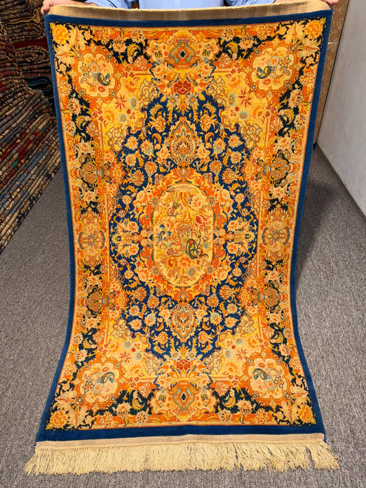 Vintage Oriental Rug with Intricate Blue and Golden Floral Patterns,Elegant Persian-Inspired Rug,Persian Shahi Tabriz Rug,Gold Oriental Rug