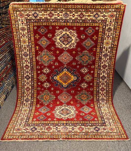 4x7 Handwoven Turkish-Kazakh Rug,Authentic Red Oriental Carpet,Turkman Tribal Design,One of a kind Rug,Rug for living room,Rug for Bedroom.