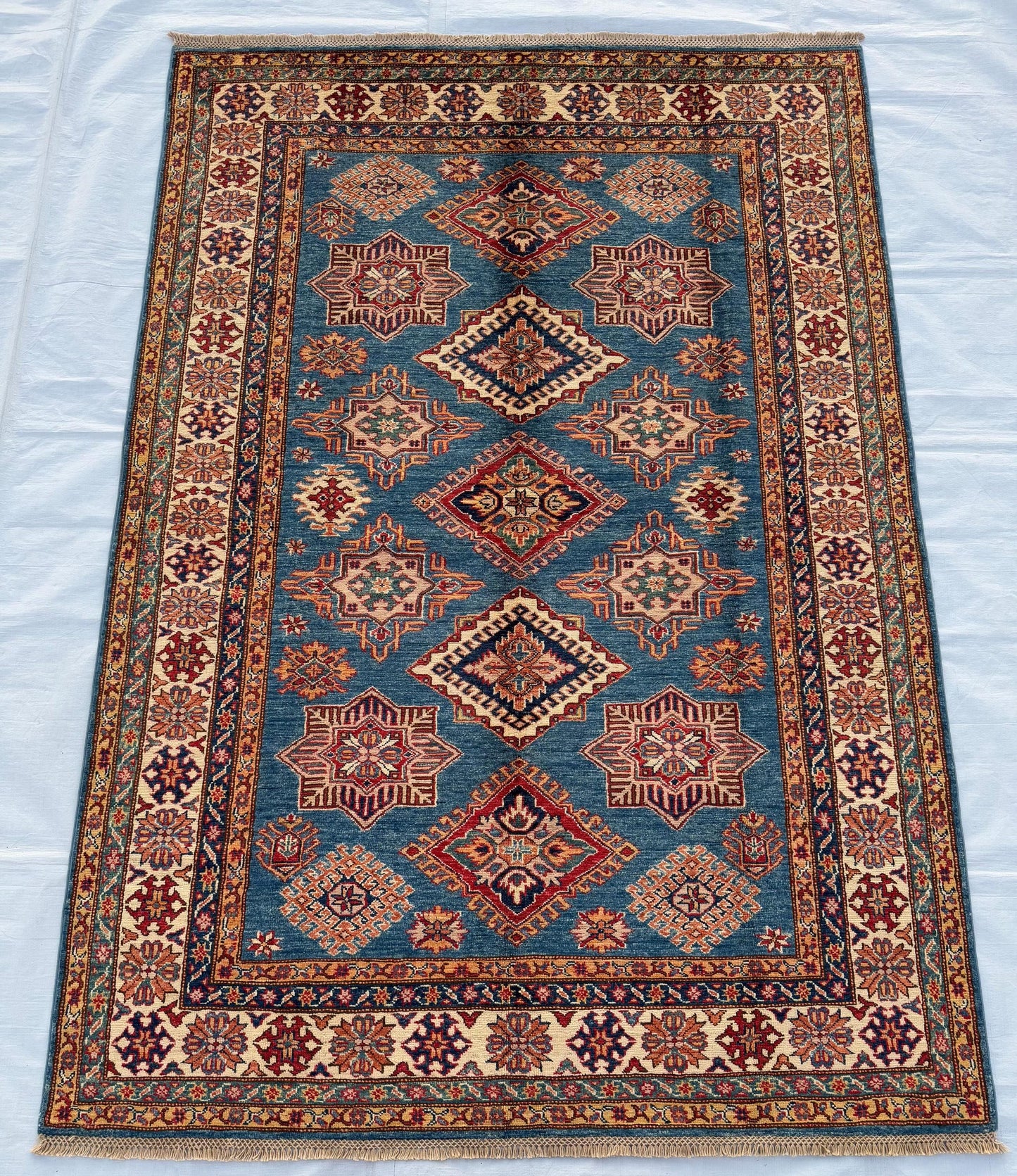 5x7 Bohemian Blue and Red Geometric Rug,Handmade Afghan-Kazakh Oriental Rug,Vintage Persian-style rug,Turkman tribal area rug,Turkish rug.