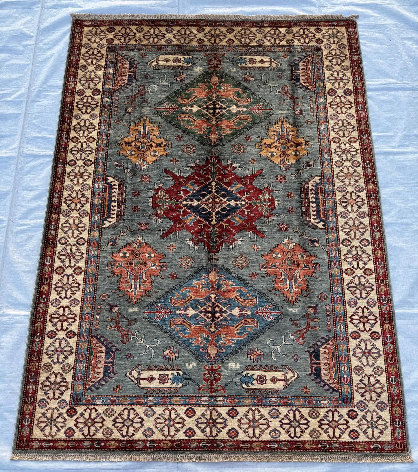 5x8 Authentic Turkish Handmade Rug,Blue and Red Oriental Carpet for Boho Home Decor,Unique Turkish Rug,Handmade One-of-a-kind Afghan Rug.