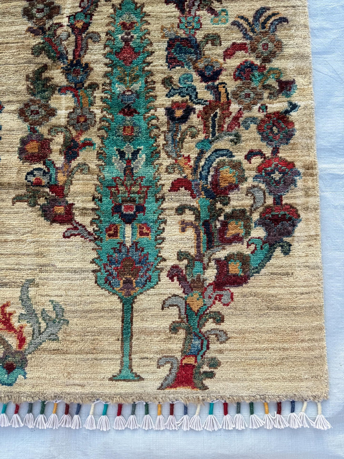 Tree of Life Design Rug,Handmade Multicolor Turkish Rug,Handmade Green,Beige,and Gray Area Carpet Rug with Floral and Nature-Inspired Motifs