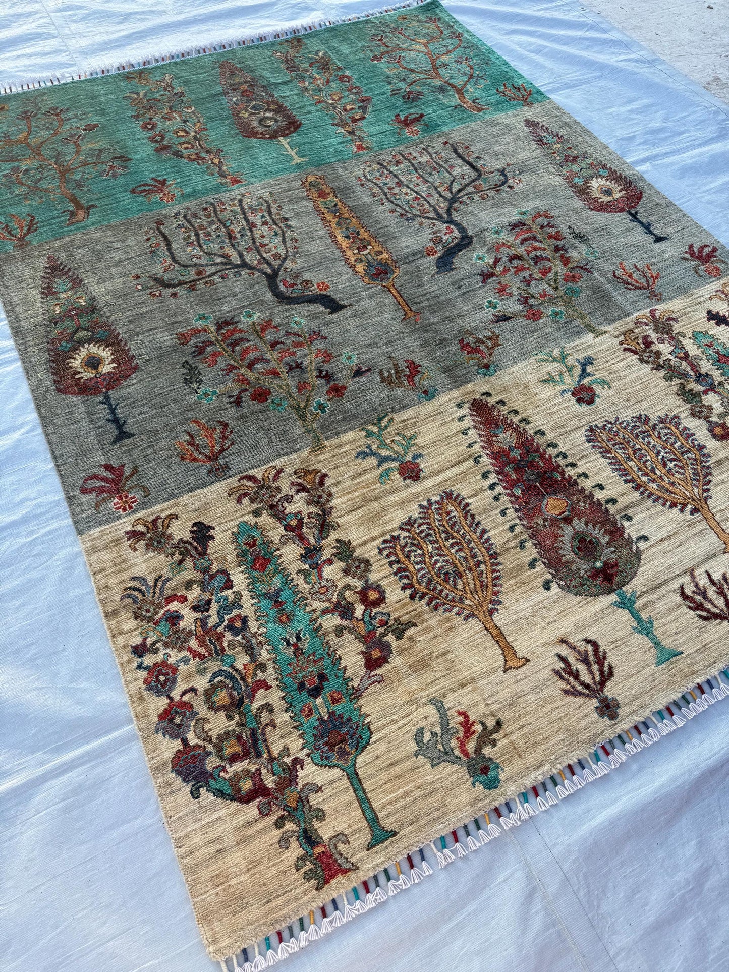 Tree of Life Design Rug,Handmade Multicolor Turkish Rug,Handmade Green,Beige,and Gray Area Carpet Rug with Floral and Nature-Inspired Motifs