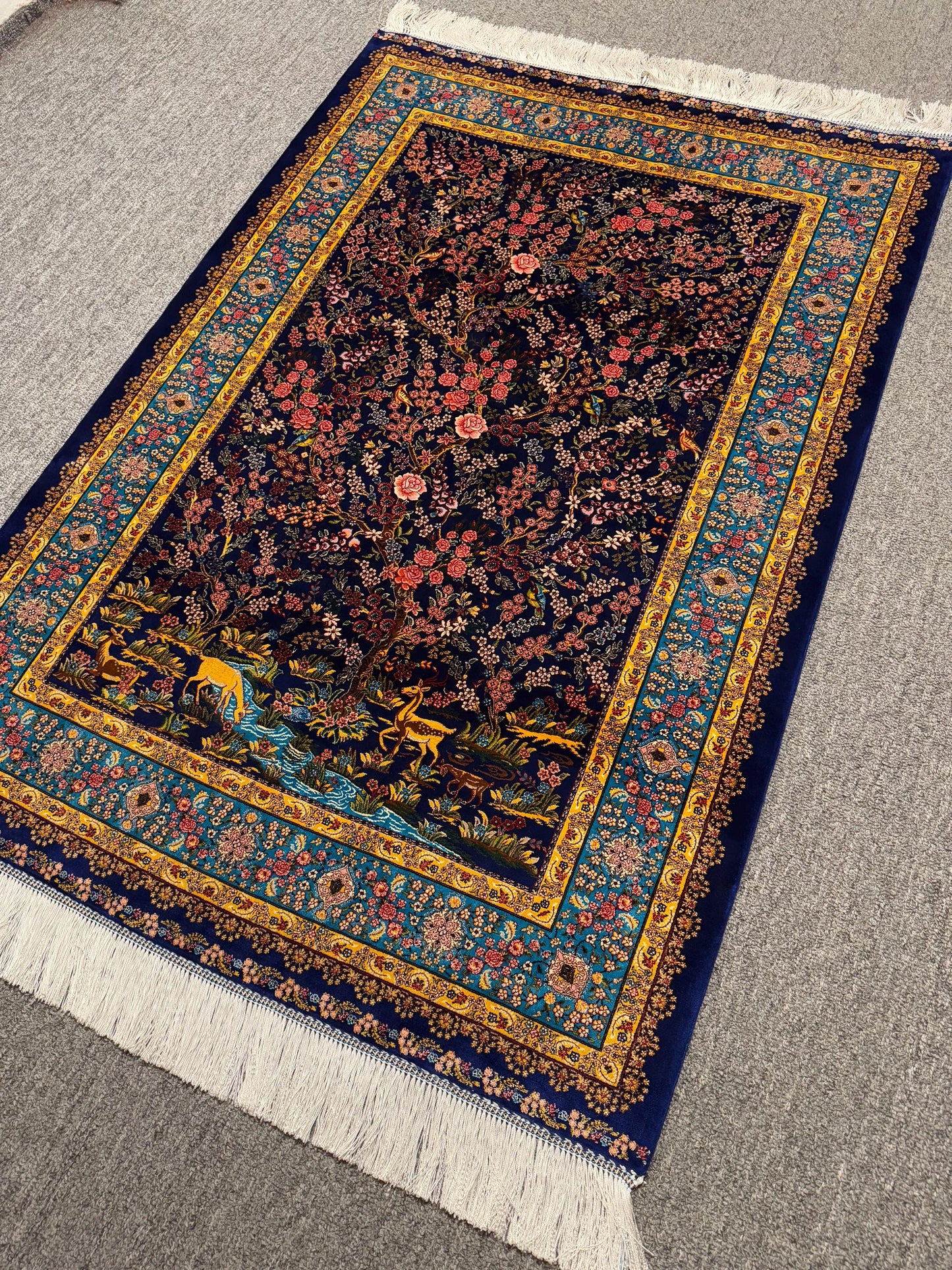 Designer Artisan Silk Rug – Persian Garden Design with Deer and Floral Motifs,Luxury Silk Area Rug,Artistic Silk Rug,Home Decor Silk rug.