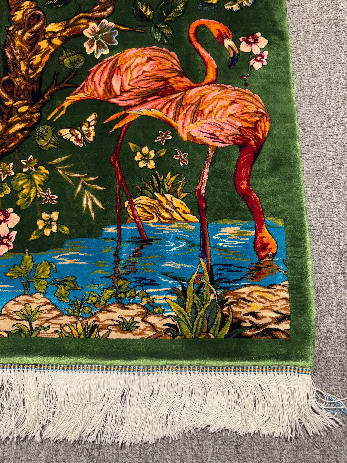 Luxury Silk Wall Rug,Unique Wall Hanging Silk Rug,Handwoven Silk Wall Art,Tropical Paradise Design with Birds and Flamingos,Artisan Silk Rug