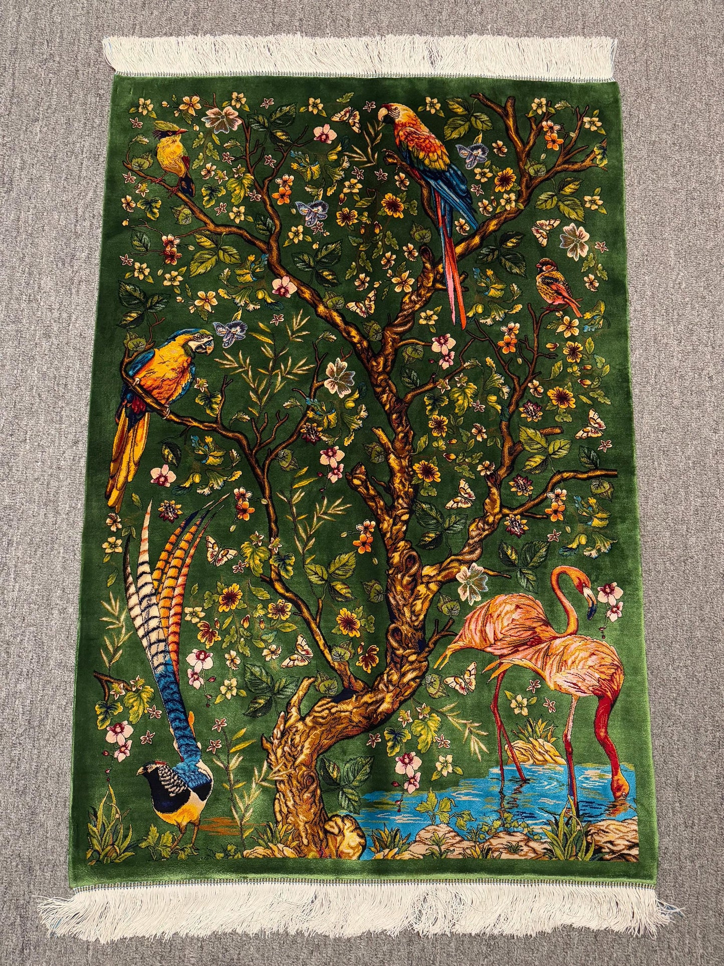 Luxury Silk Wall Rug,Unique Wall Hanging Silk Rug,Handwoven Silk Wall Art,Tropical Paradise Design with Birds and Flamingos,Artisan Silk Rug