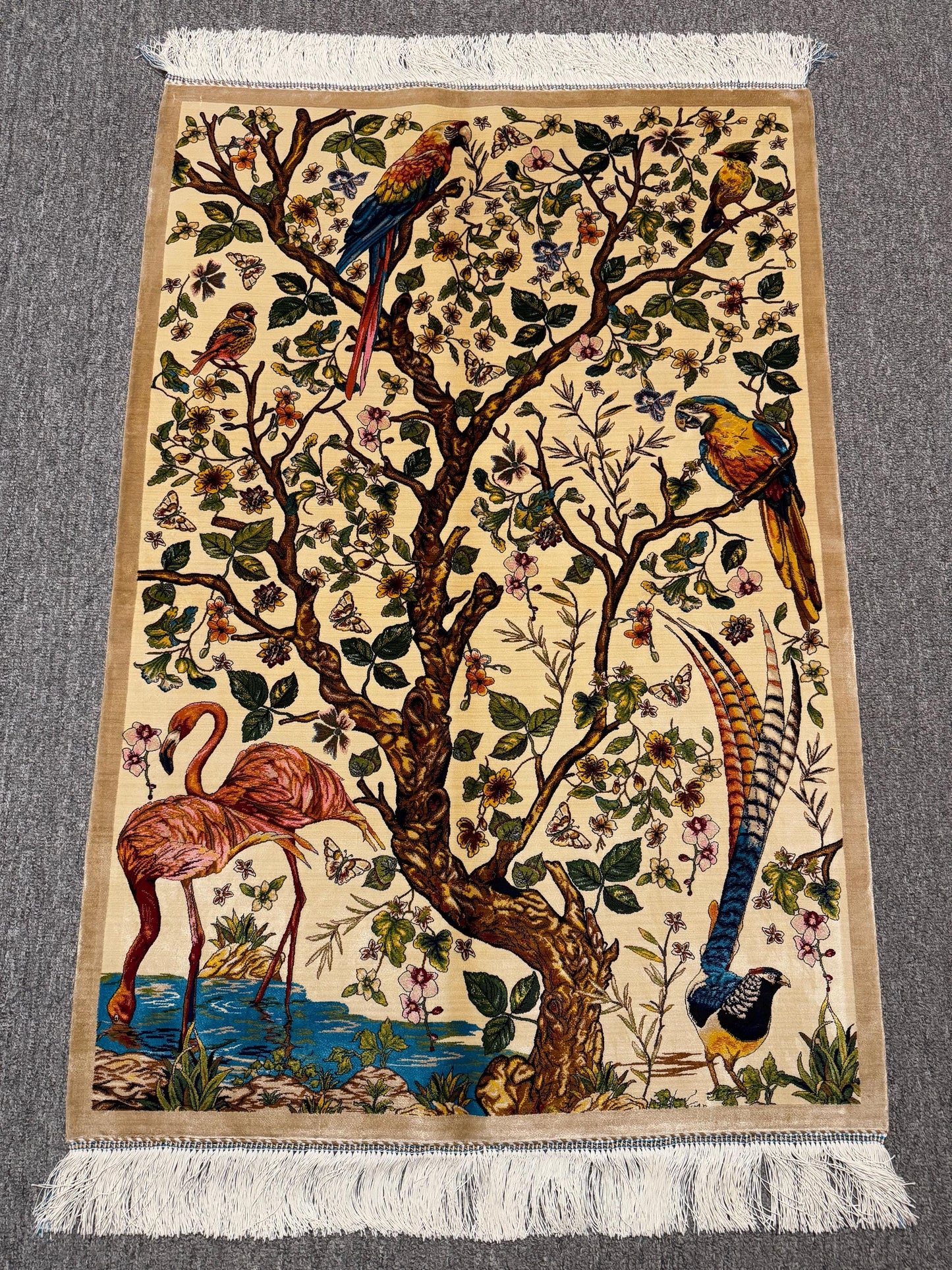 Designer Artisan Silk Wall Hanging–Tropical Design with Birds and Flamingos,Luxury Silk Wall Tapestry,Decorative Silk Wall Art,Silk Wall Art