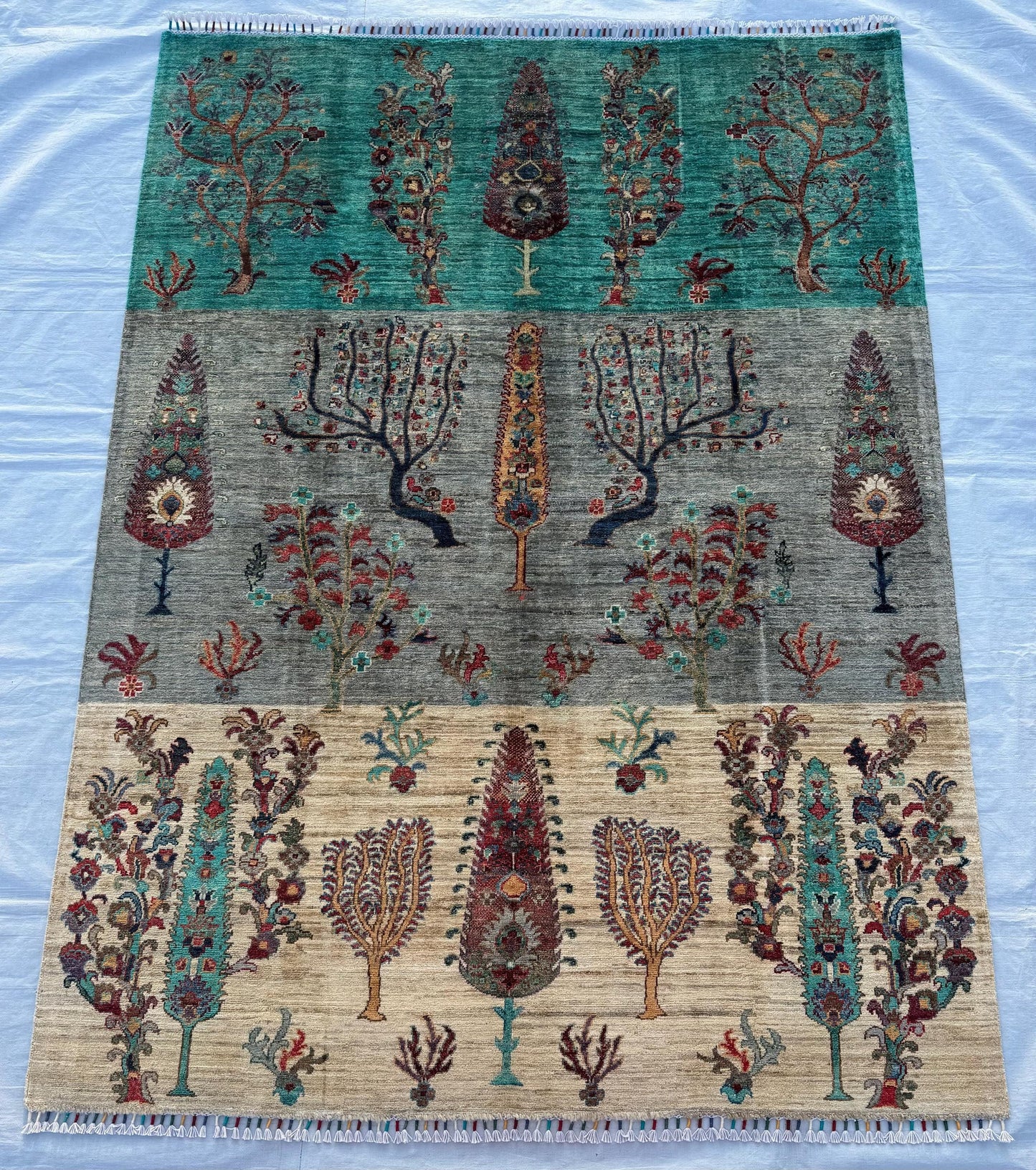 Tree of Life Design Rug,Handmade Multicolor Turkish Rug,Handmade Green,Beige,and Gray Area Carpet Rug with Floral and Nature-Inspired Motifs