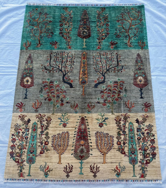 Tree of Life Design Rug,Handmade Multicolor Turkish Rug,Handmade Green,Beige,and Gray Area Carpet Rug with Floral and Nature-Inspired Motifs