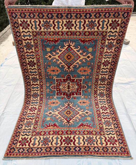 Vintage Turkish Rug-Handmade Blue Wool Carpet with Geometric,Floral Patterns,Luxurious Area Rug-Blue and Multicolor Wool Rug for Home Decor