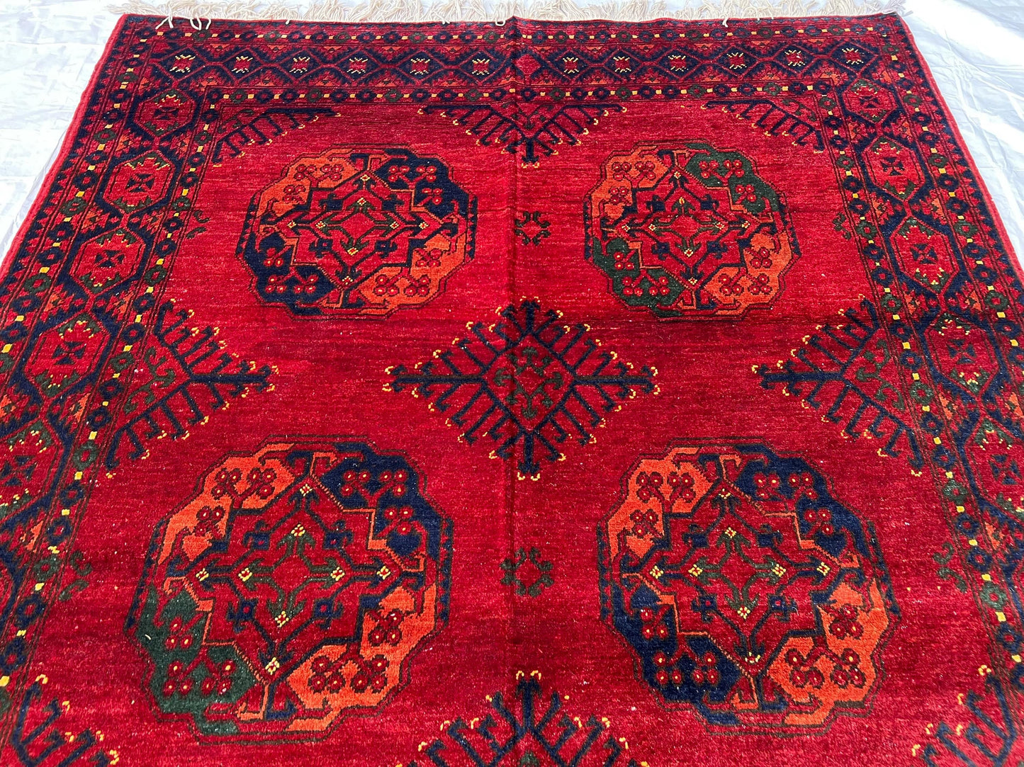 Vintage Red Turkish Rug-Handmade Wool Carpet with Tribal Geometric Patterns,Hand-Knotted Oriental Rug,Large 6x8 living room rug,Afghan rug.