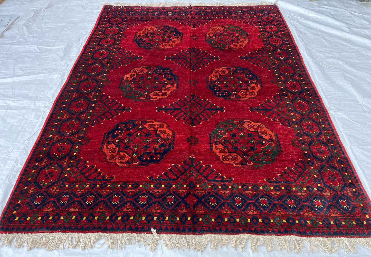 Vintage Red Turkish Rug-Handmade Wool Carpet with Tribal Geometric Patterns,Hand-Knotted Oriental Rug,Large 6x8 living room rug,Afghan rug.