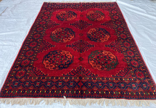 Vintage Red Turkish Rug-Handmade Wool Carpet with Tribal Geometric Patterns,Hand-Knotted Oriental Rug,Large 6x8 living room rug,Afghan rug.