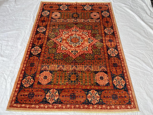 6x8 Orange mamluk rug,Vintage Oriental Turkish Rug,Rustic Boho Area Rug,Large Vintage Boho Rug,Colorful Persian-Style rug,Artisan made rug.