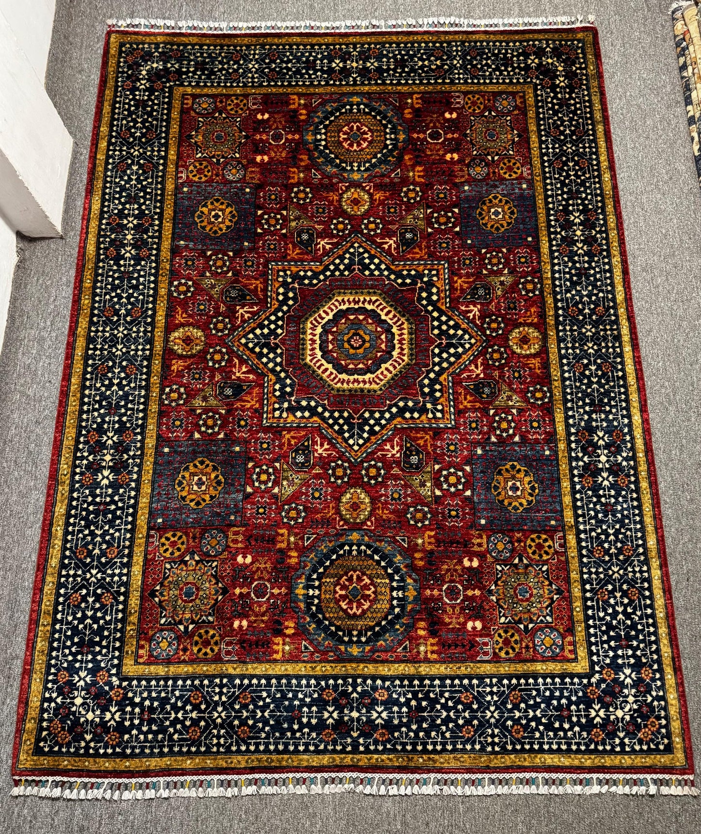 Hand-knotted Persian-Style Wool Rug,Vintage Geometric Oriental Carpet,Authentic Handmade Oriental Rug,Bohemian Turkish Area Rug.Red Area Rug