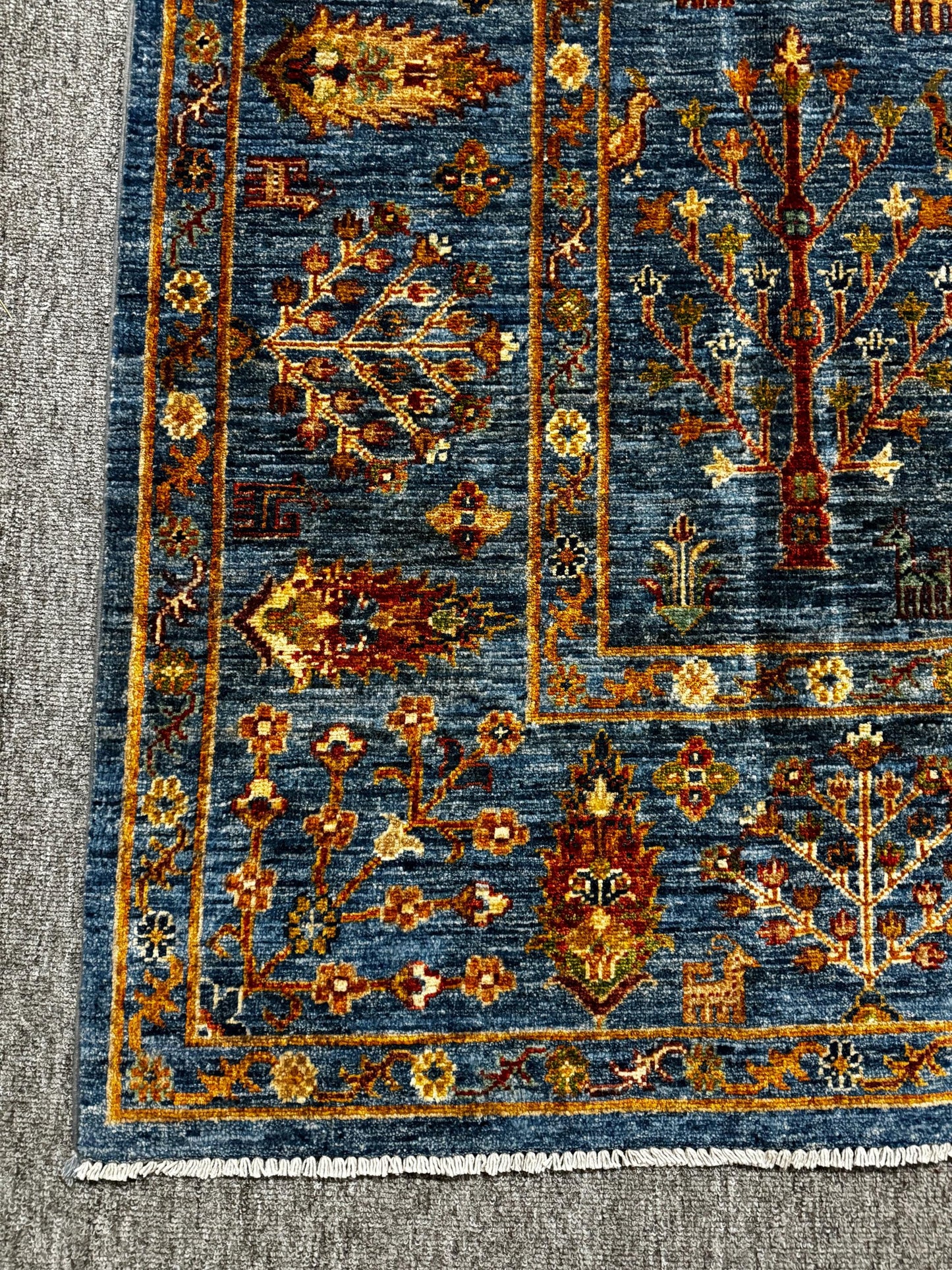 Handmade Turkish Rug - Vintage Wool Carpet with Tree of Life Design,Traditional Persian Style Blue Wool Carpet,Artisan Crafted Oriental Rug.