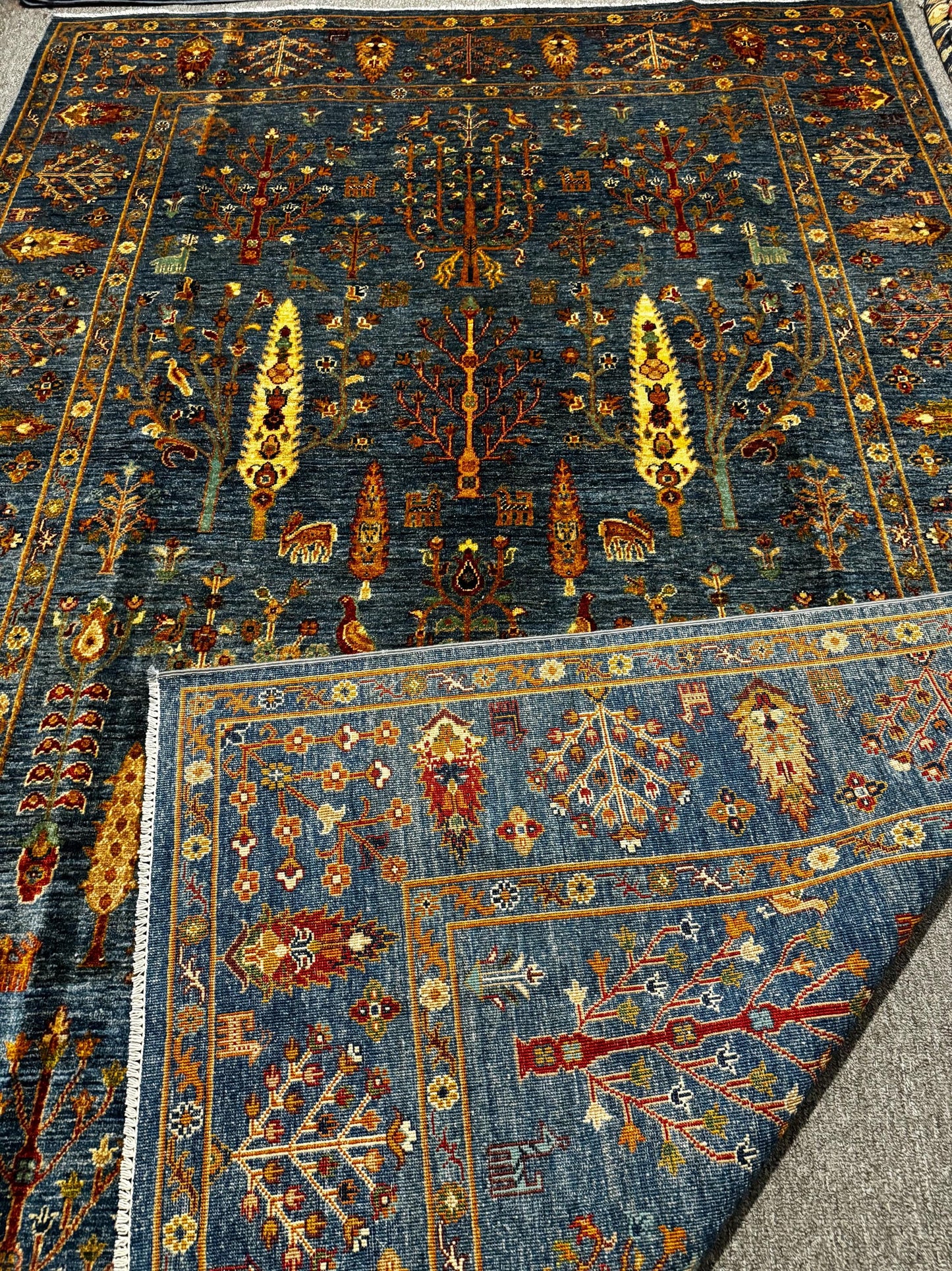 Handmade Turkish Rug - Vintage Wool Carpet with Tree of Life Design,Traditional Persian Style Blue Wool Carpet,Artisan Crafted Oriental Rug.