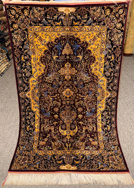 Luxury Persian Silk Rug-Handmade Carpet with Intricate Floral and Bird Motifs,Traditional Oriental Rug-Ornate Persian Rug,Exquisite Silk Rug