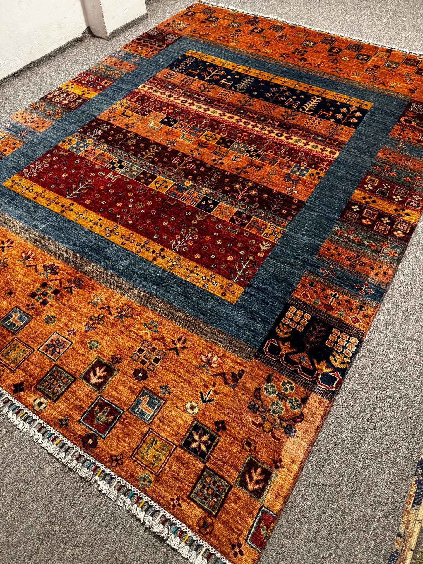 Handmade Persian-Style Gabbeh Rug-Colorful Wool Area Carpet for Living Room,Bohemian Gabbeh Wool Rug-Vibrant Orange & Blue Handmade Carpet