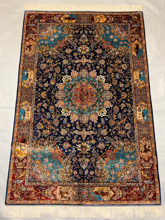 Authentic Silk Persian Rug | Intricate Floral Oriental Design | Luxury Area Carpet,Blue Floral Persian Rug,Intricate Floral Oriental Design.