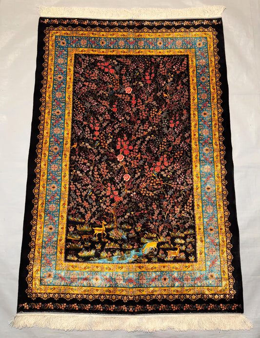 Persian Silk Rug |Black & Gold Floral Oriental Carpet,Floral Silk Persian Rug,Traditional Silk Persian Rug,One of kind silk rug,4x5 silk rug