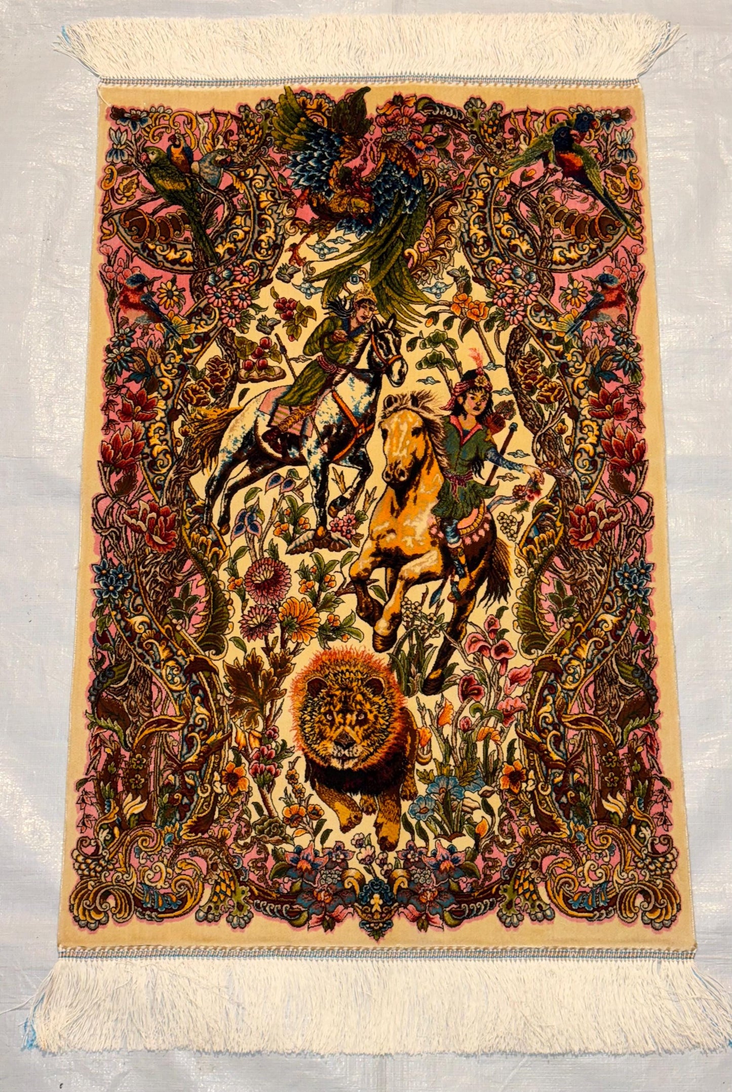 Silk Wall Hanging Rug | 2x3 Artistic Statement Decor | Persian Hunting Scene,Luxury Silk Wall Tapestry | 2x3 Hunting Scene Carpet Rug.