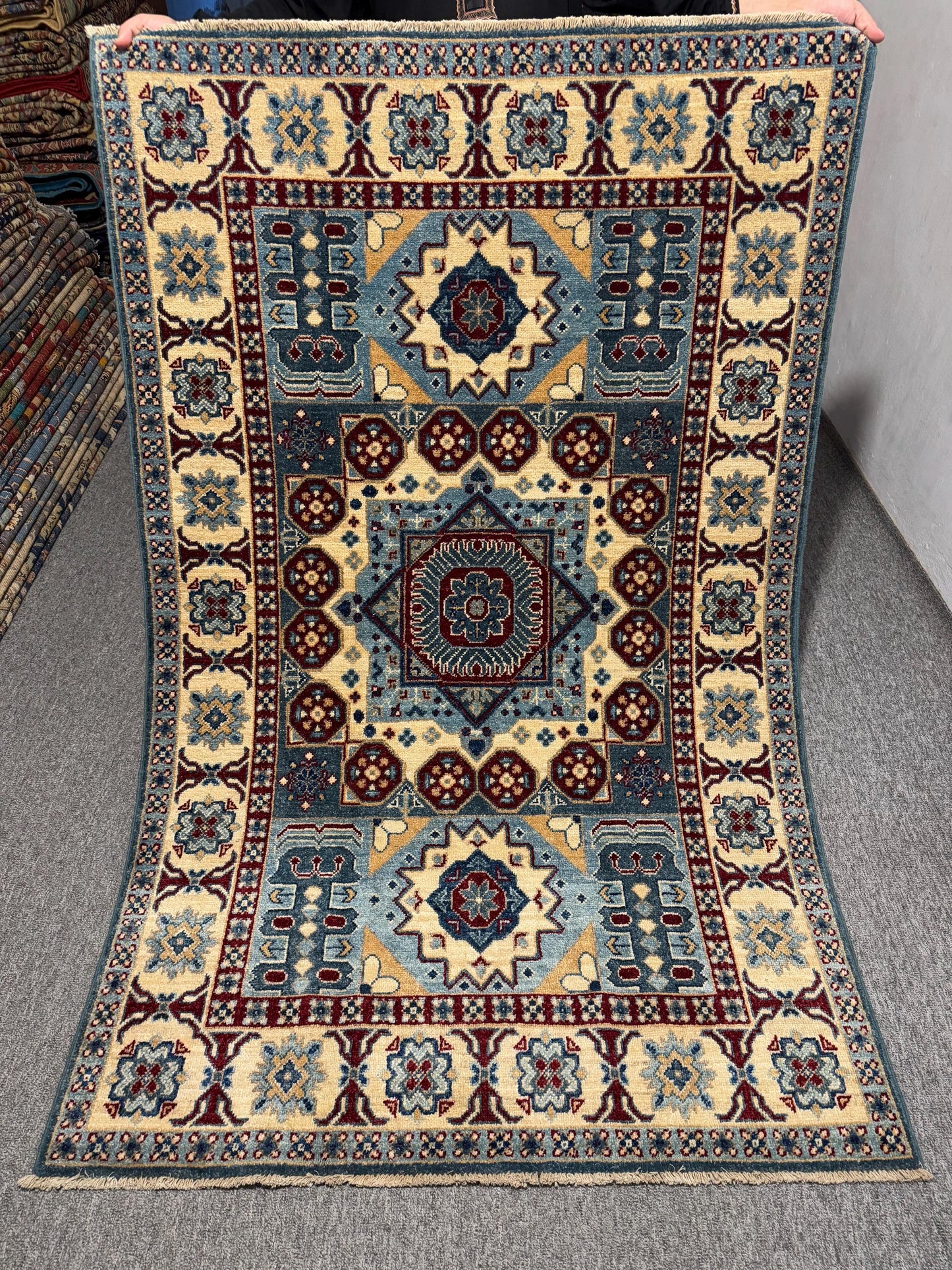 4x6 Blue Afghan Chobi Rug,Geometric Handmade Turkish-Kazakh Area Rug,Turkman Tribal Wool Rug,Vintage Oriental Rug,Hand-Knotted Oriental Rug