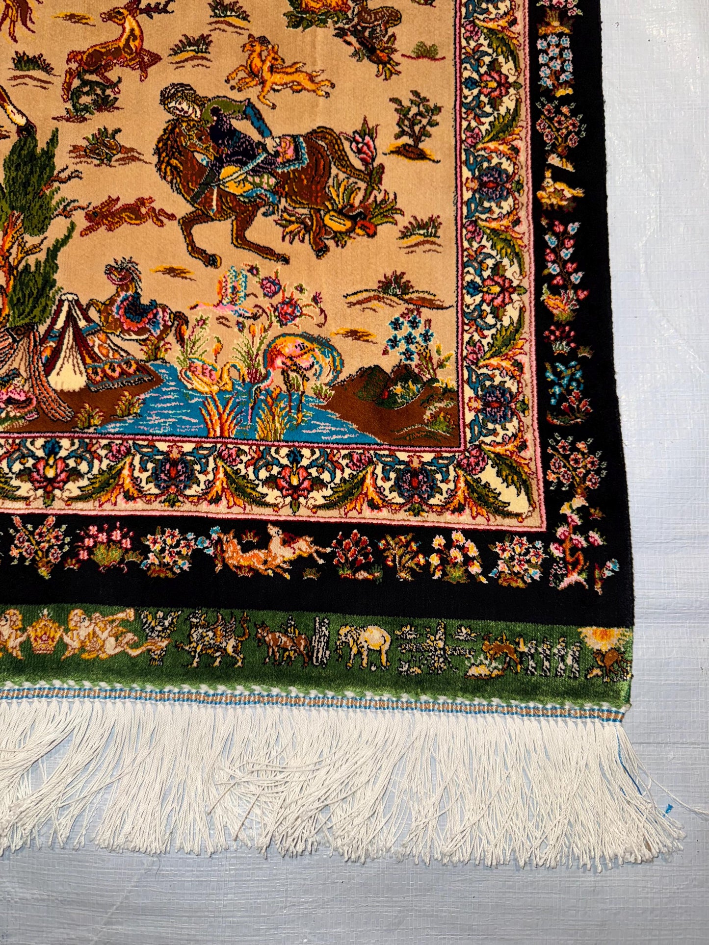 Small Silk Persian Rug|Silk Rug for Wall Hanging|Vintage Hunting Scene Tapestry, Vintage Hunting Design Rug,Small Silk Rug,Bohemian Silk Rug