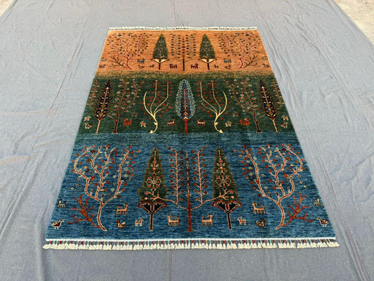 Handmade Tree of Life Rug,Gabbeh Wool Rug,Bohemian Area Rug,Gabbeh with Trees and Animal Motifs,Bedroom rug,Luxury Tree of Life Persian Rug.