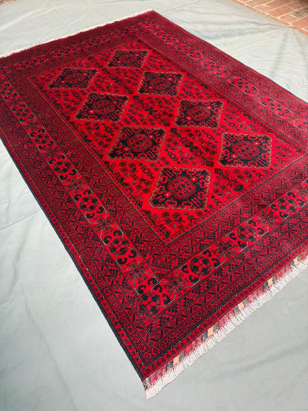 Handmade Red Kalisa Pattern Wool Rug| Red Afghan Rug with Geometric Patterns| Boho Area Rug, | Handwoven Wool rug | Vibrant Red Tribal Decor