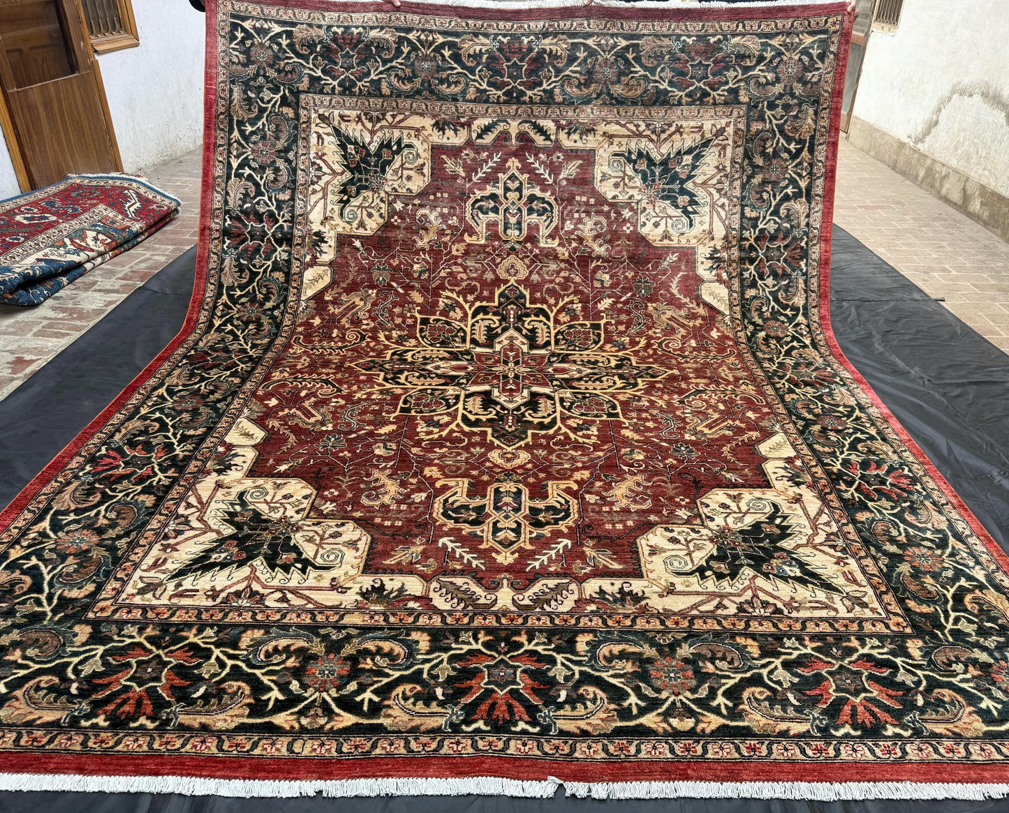 Vintage Handmade Heriz Rug – Persian Wool Area Carpet in Bold Red and Black,9x12 living room oriental rug,Large Red Heriz Rug,9x12 area rug