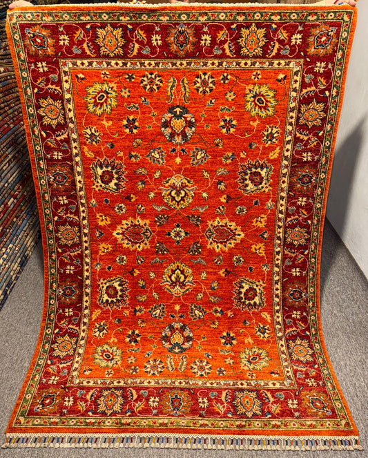 4x7 Handmade Orange Turkish Rug,Bohemian Afghan Orange Chobi Area Rug,Luxury Floral Rug,Orange Persian-Style Turkish Rug,House Warming gift.